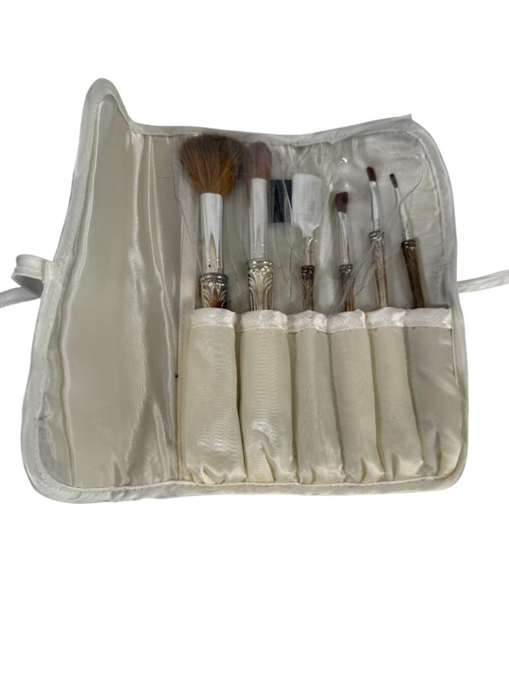 Vintage Style Elegance Silver-Plated Makeup Brush Set Carrying Case 6 Piece